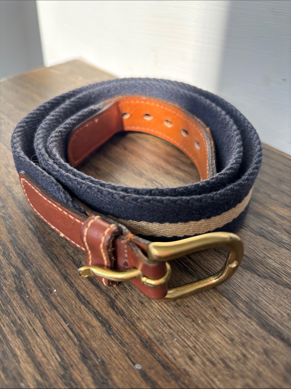 Vintage Dooney Bourke belt,navy/tan cotton, leather/brass buckle, size 32